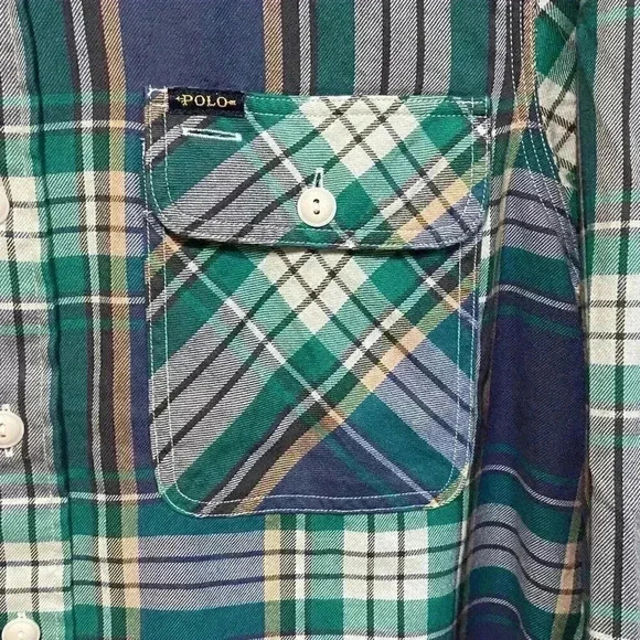 Polo Ralph Lauren Mens Workshirt SMALL Blue/Green Plaid Classic Fit Cotton Twill - Picture 4 of 10